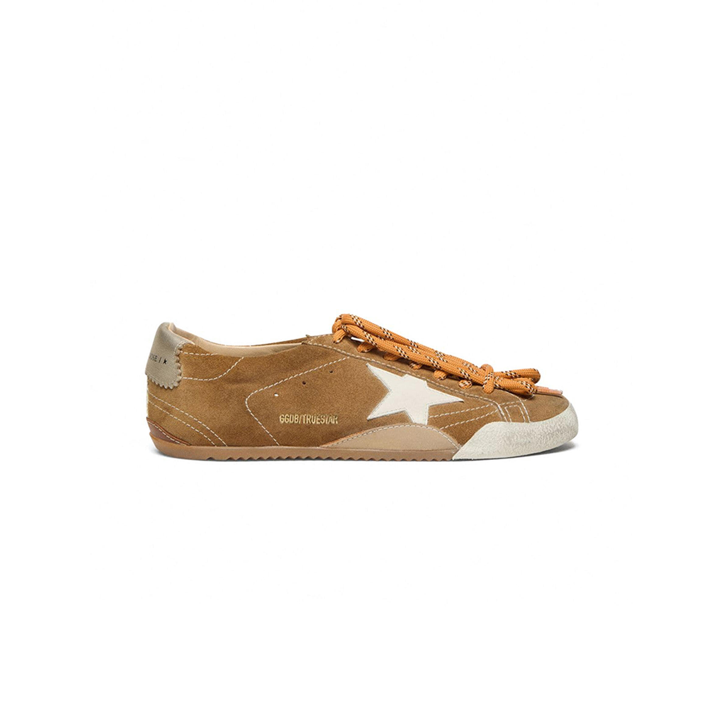 GOLDEN GOOSE WOMEN'S TRUE-STAR IN TOBACCO-COLORED SUEDE WITH WHITE STAR AND PLATINUM HEEL TAB GWF00922